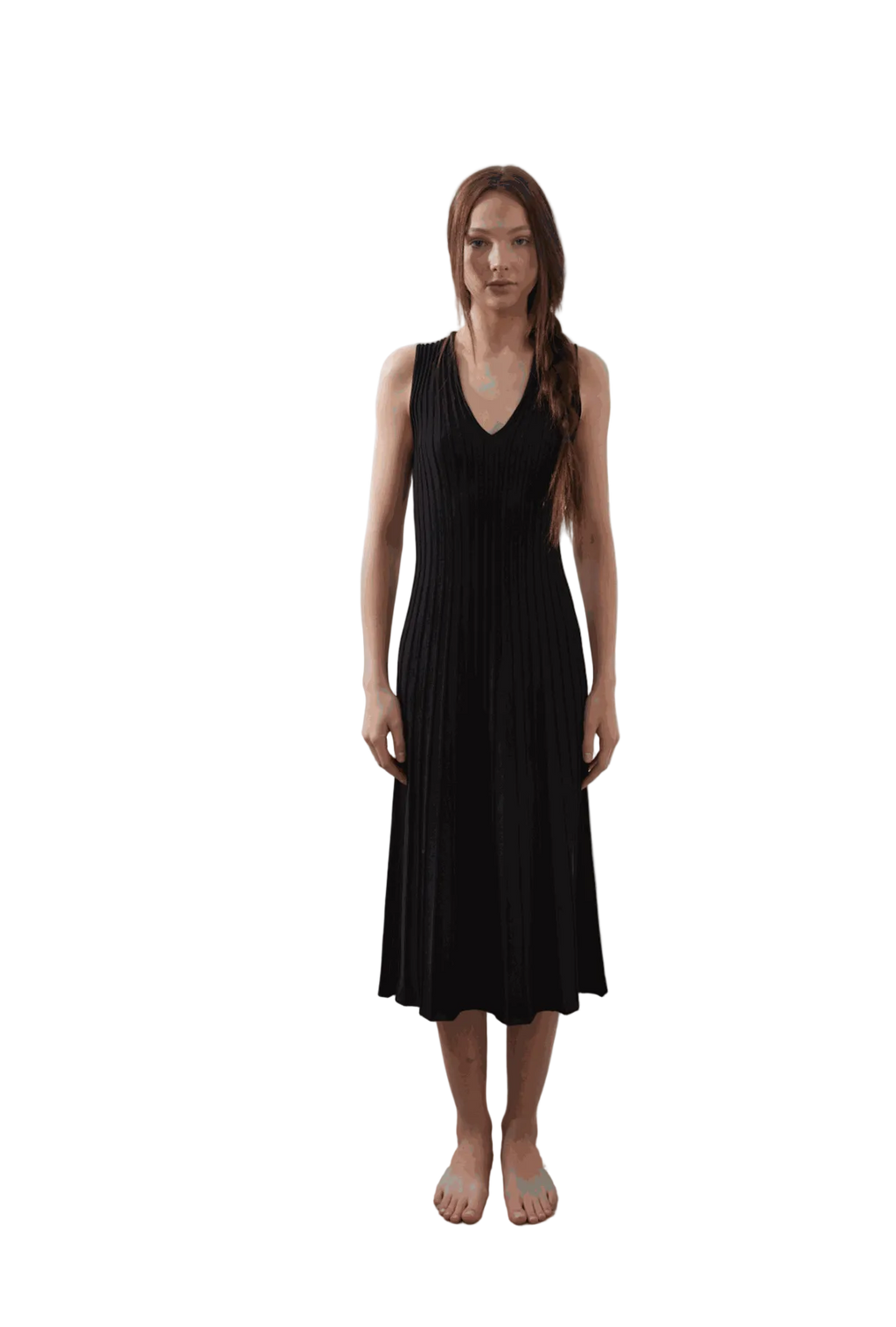 Jaci Dress in black, sleeveless V-neckline, A-line flare, pleated knit texture, eco-friendly fabric, modeled by Jade.