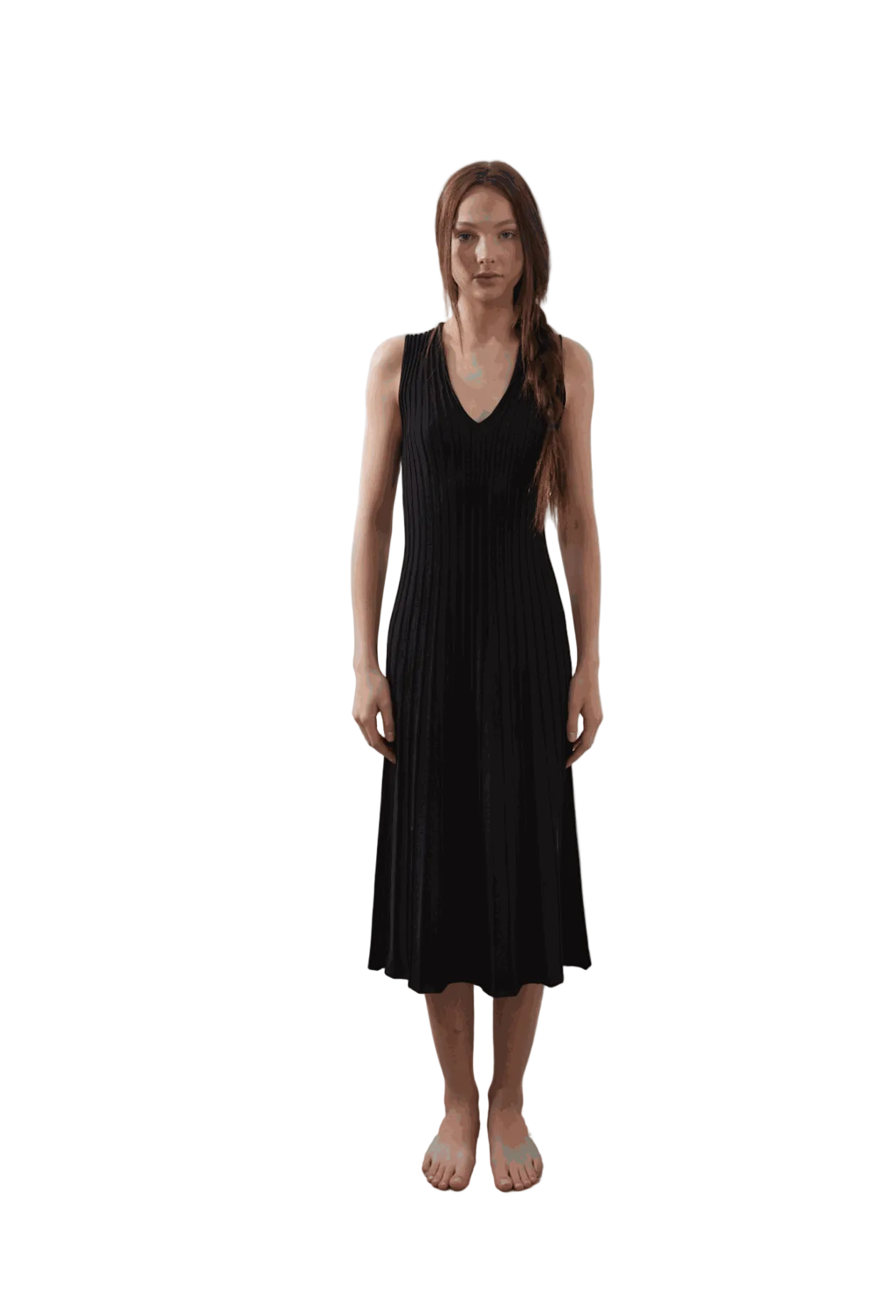 Jaci Dress in black, sleeveless V-neckline, A-line flare, pleated knit texture, eco-friendly fabric, modeled by Jade.