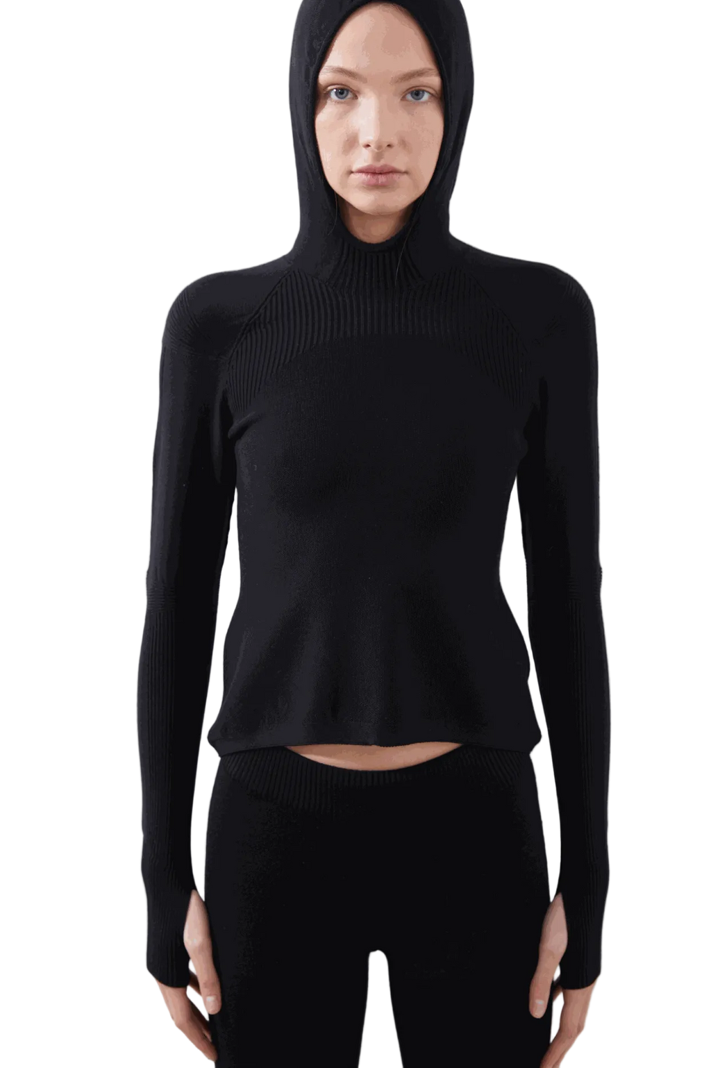 Isolde Slim Hoodie in black with sleek fit and ribbed detailing.
