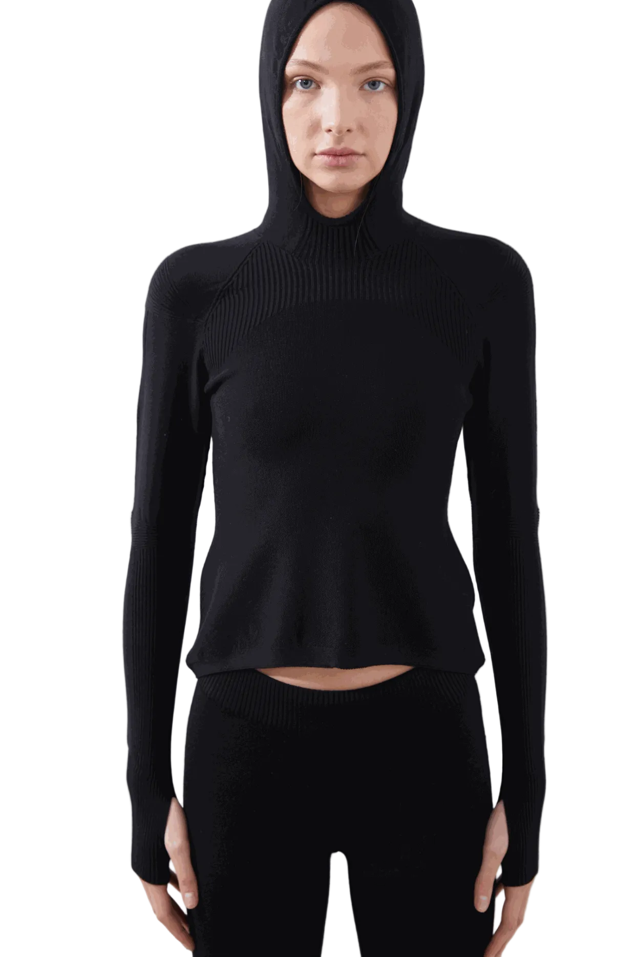 Isolde Slim Hoodie in black with sleek fit and ribbed detailing.