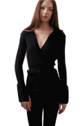 Elios Cardigan in black with waist tie and bell cuffs.