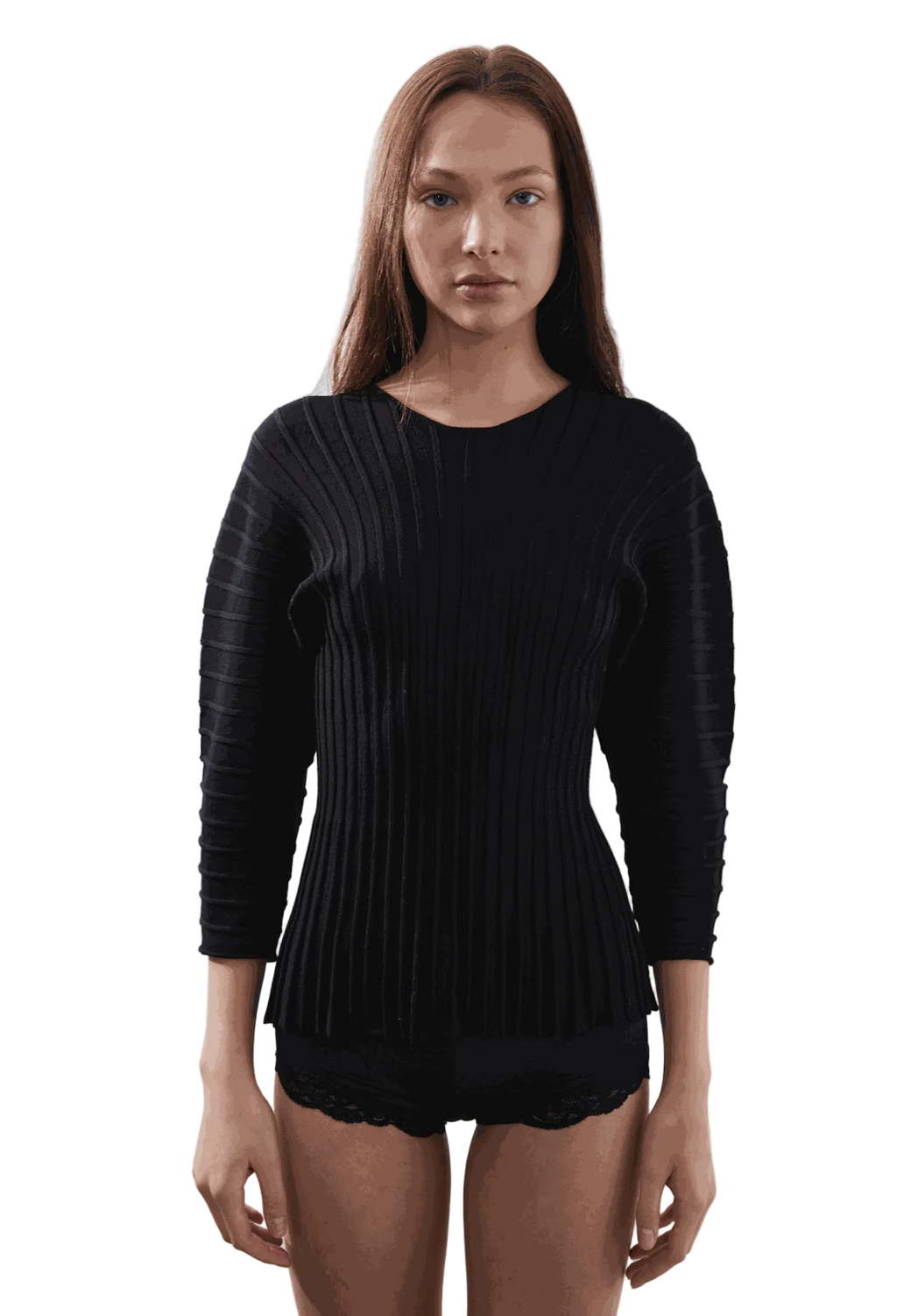 Hewal Pullover in black, featuring 3/4 dolman sleeves and fitted bodice, worn by model.