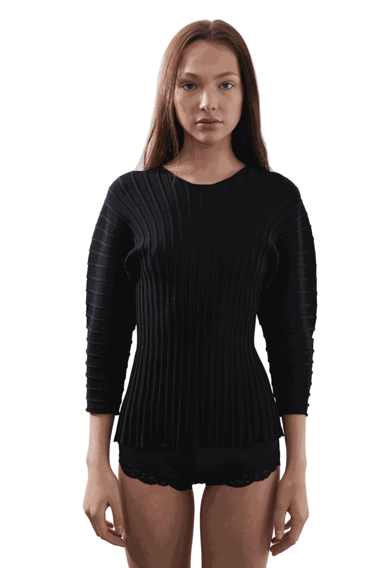 Hewal Pullover in black, featuring 3/4 dolman sleeves and fitted bodice, worn by model.