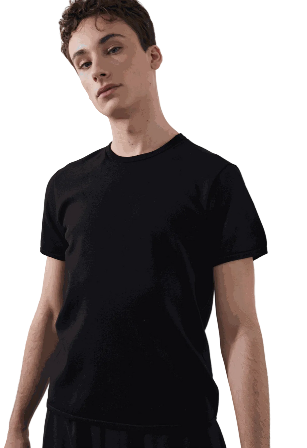 Beckett Tee in black, tailored fit, model wearing size medium.