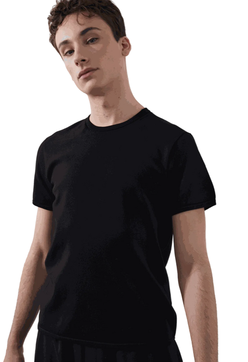 Beckett Tee in black, tailored fit, model wearing size medium.