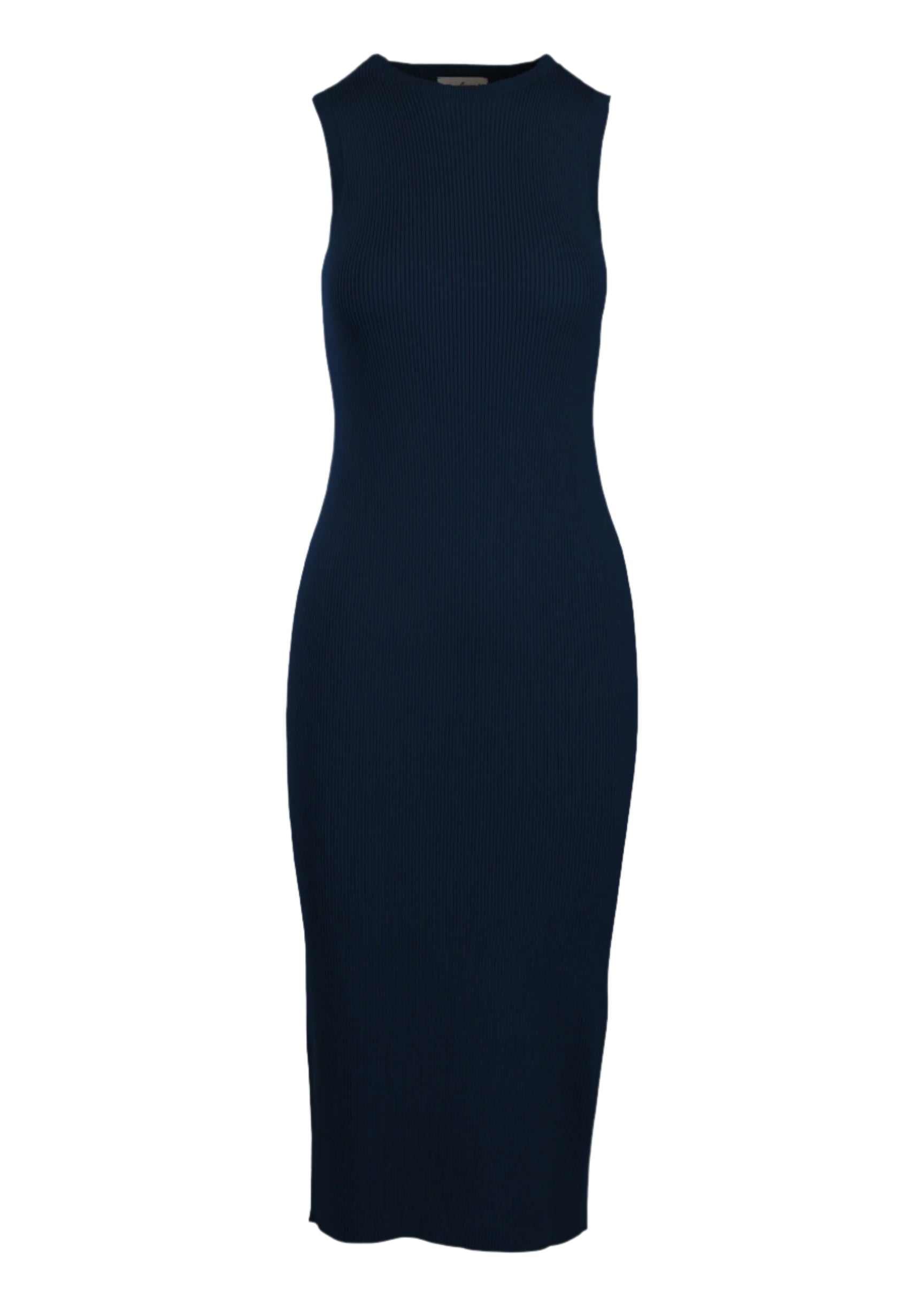 Sleeveless Naza Dress with heavyweight ribbing in black, seamless design.