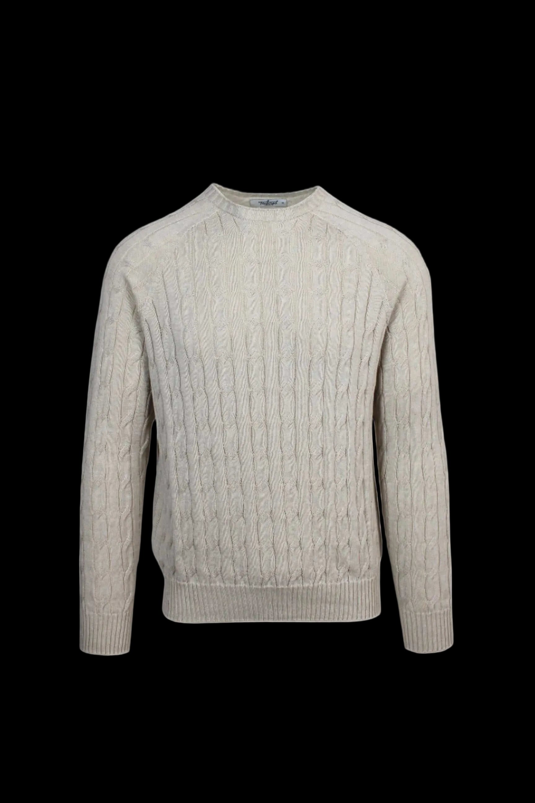 Dorian Cableknit Crewneck sweater with lightweight cable-knit design and raglan bodice.