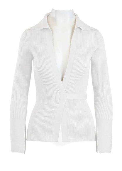 Elios Cardigan in white with plunging neckline and waist tie closure.