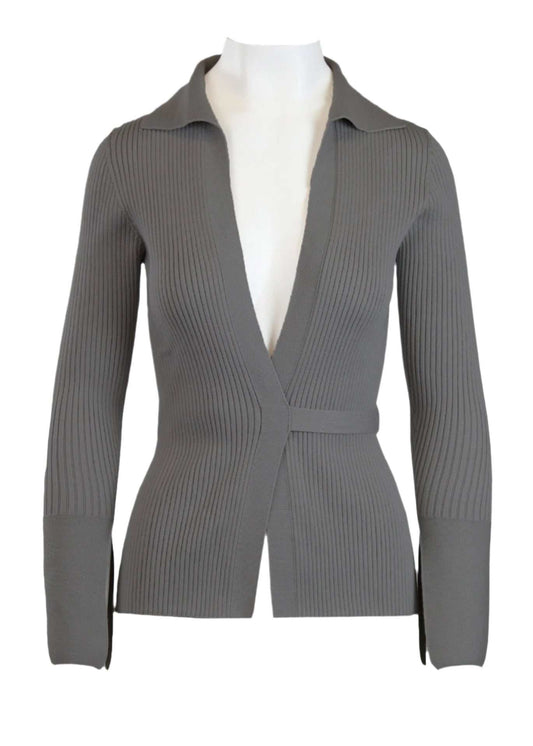 Elios Cardigan with plunging neckline and waist tie in charcoal, featuring open slit bell cuffs.