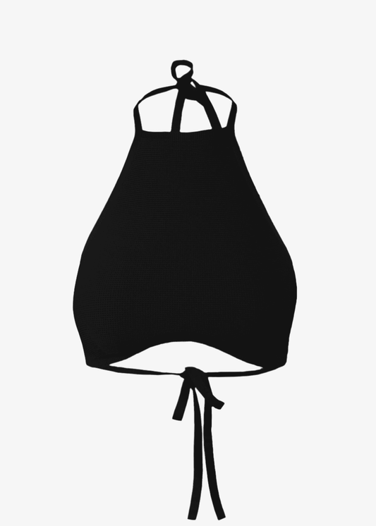 Alondra Halter Top in black with curved hemline and back-tie design.
