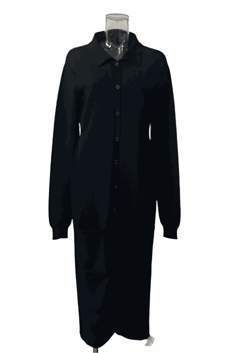 Camael Cardigan in black with long sleeves, square hip pockets, and button-up design.