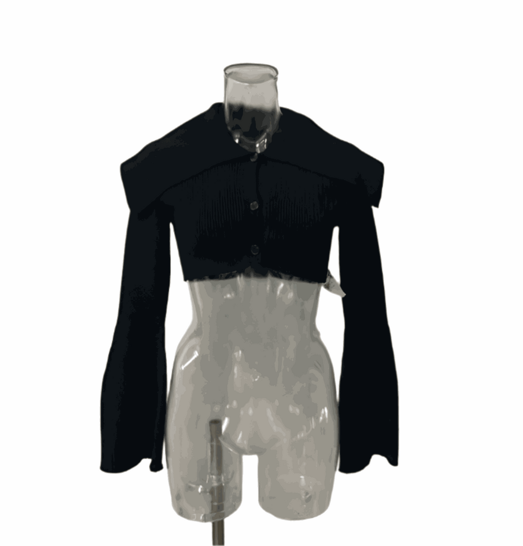 Libra Crop Cardigan with oversized sailor collar in black on mannequin.