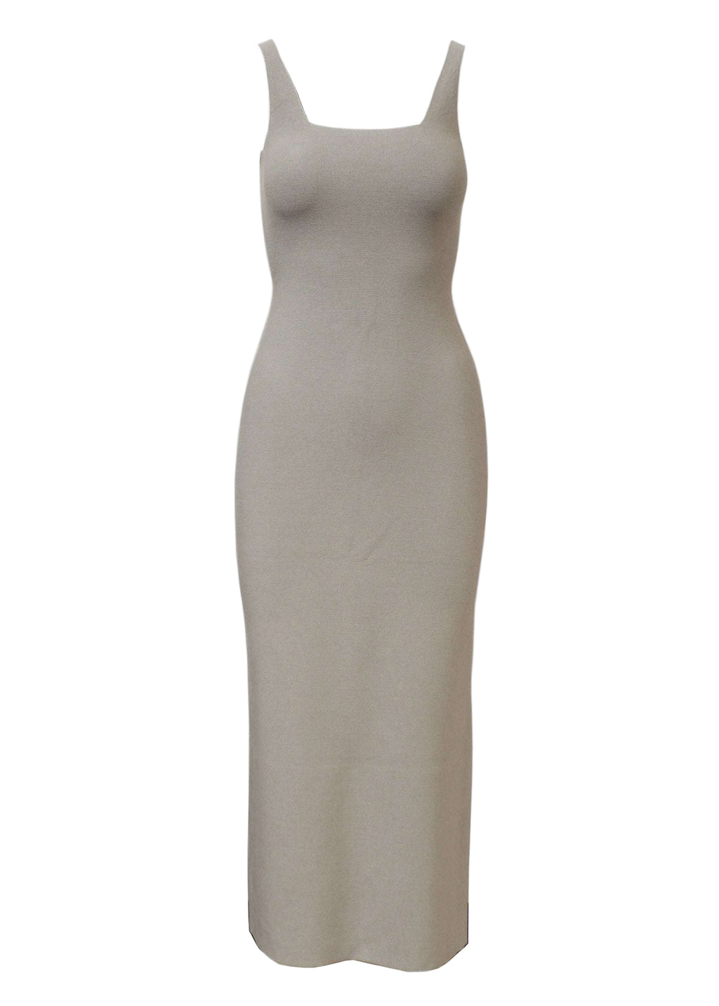 Ivy Midi Dress with body contouring silhouette and square neckline.