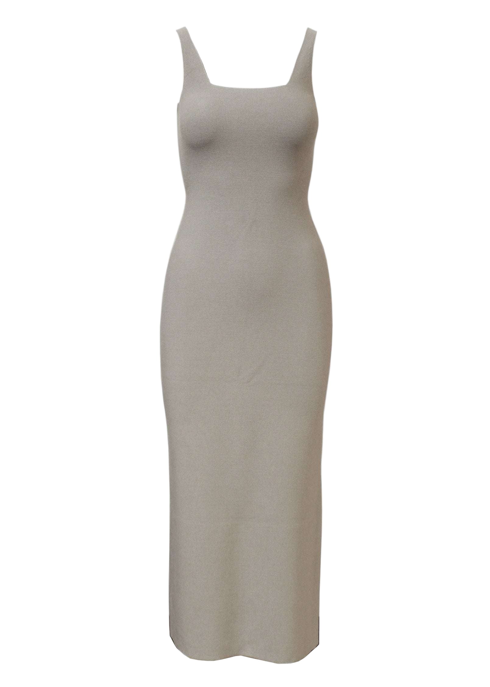Ivy Midi Dress with body contouring silhouette and square neckline.