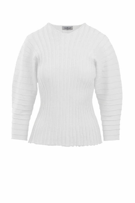 Hewal Pullover in white with pleated texture and 3/4 dolman sleeves.