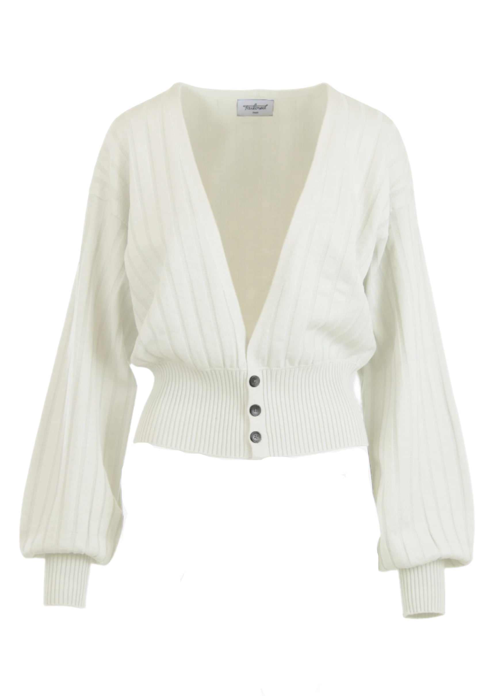 Seren Cardigan with billowing sleeves, ribbed waist, deep V-neckline in ivory.