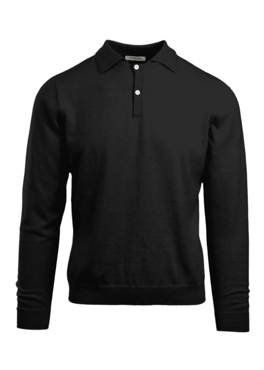 Saint Sinners Dot Long Sleeve Polo in black with slim fit and two-button placket.