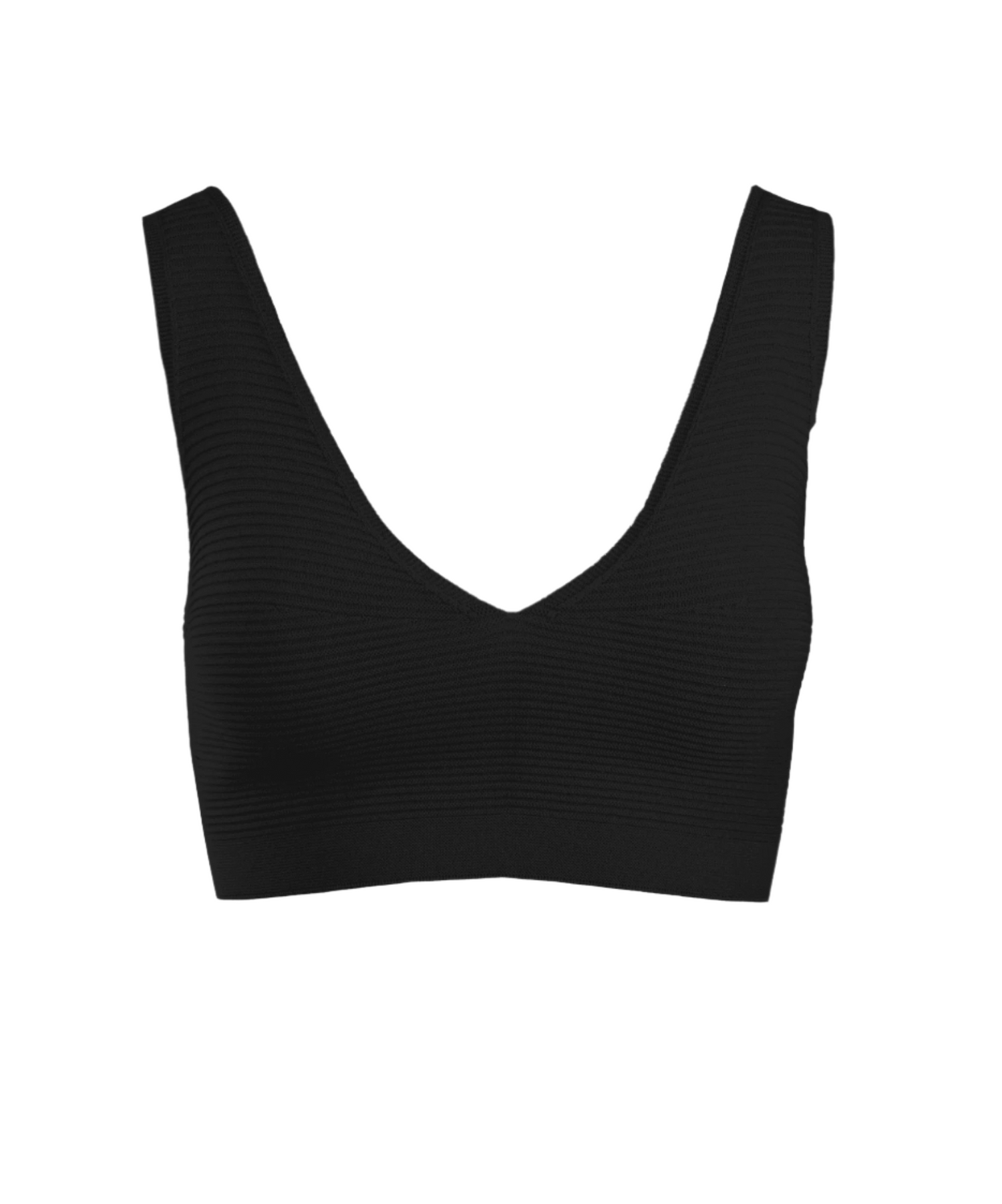 May Bralette Top in black with ribbed texture and minimalist design.